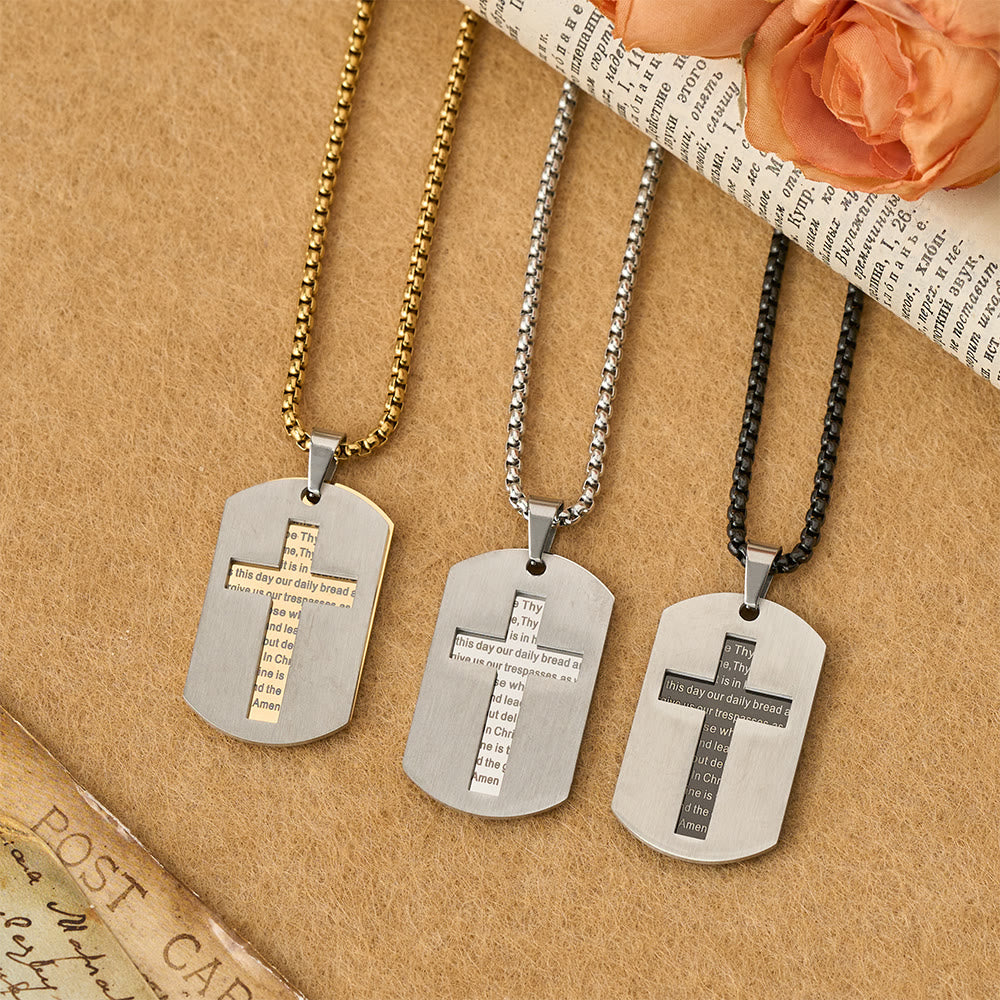 Collar con Dije Placa Militar de Cruz Padre Nuestro: Emblema de Gracia Divina y Fe