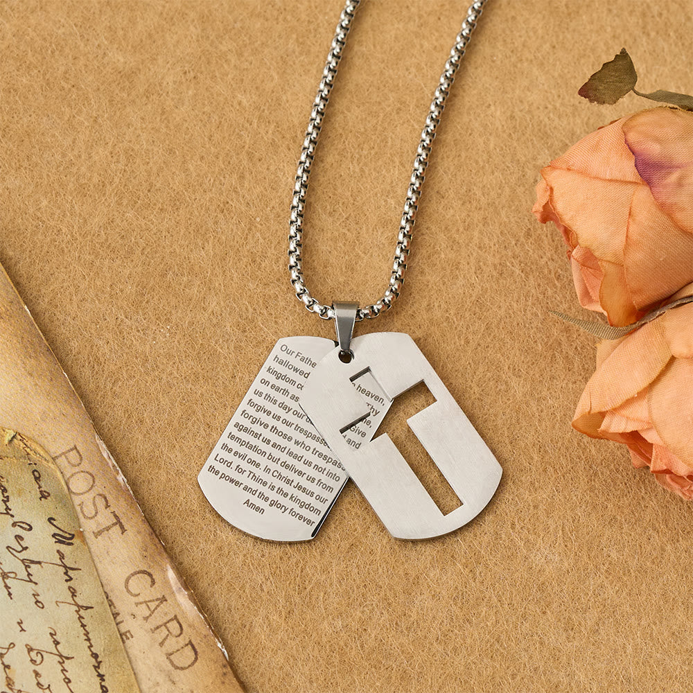 Collar con Dije Placa Militar de Cruz Padre Nuestro: Emblema de Gracia Divina y Fe