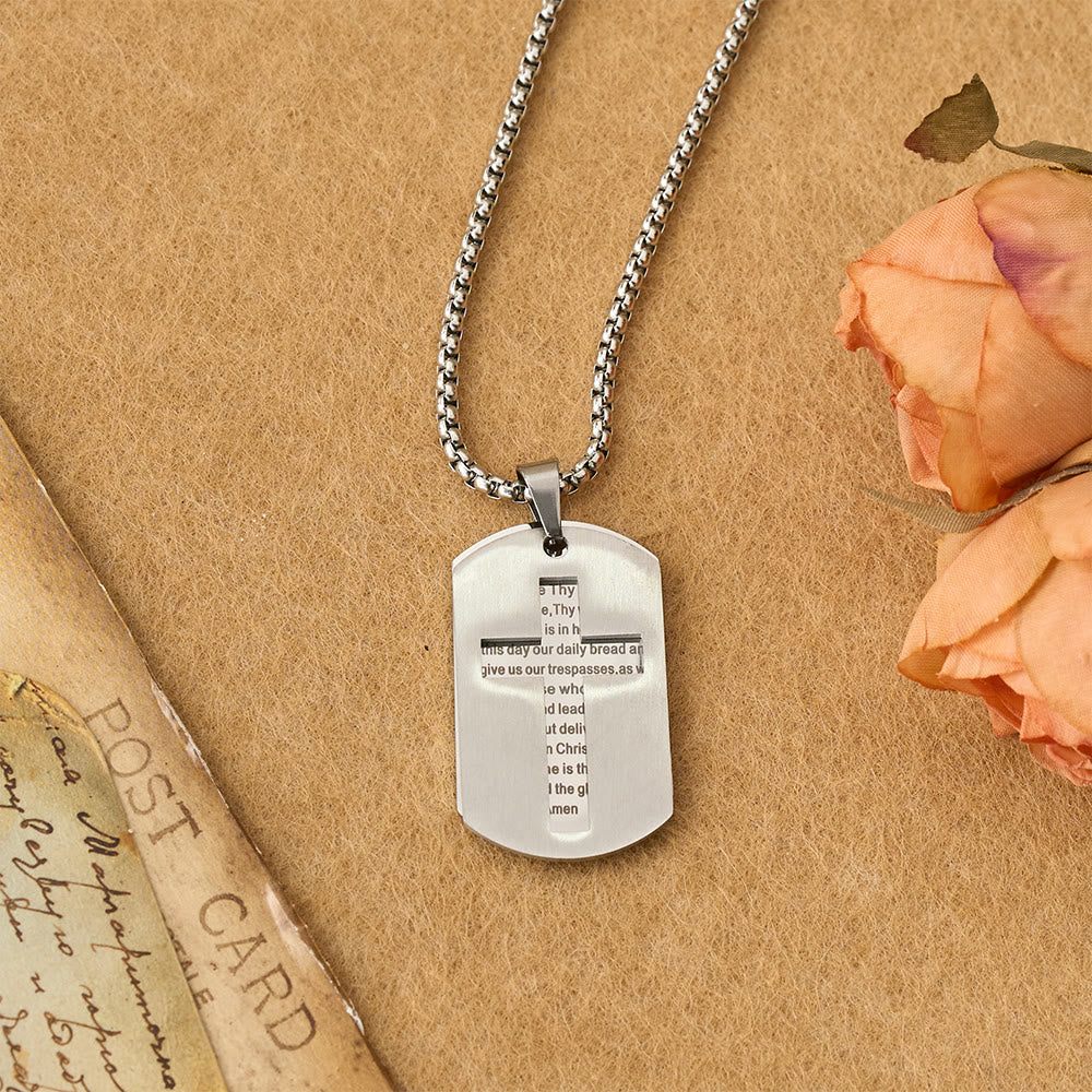 Collar con Dije Placa Militar de Cruz Padre Nuestro: Emblema de Gracia Divina y Fe