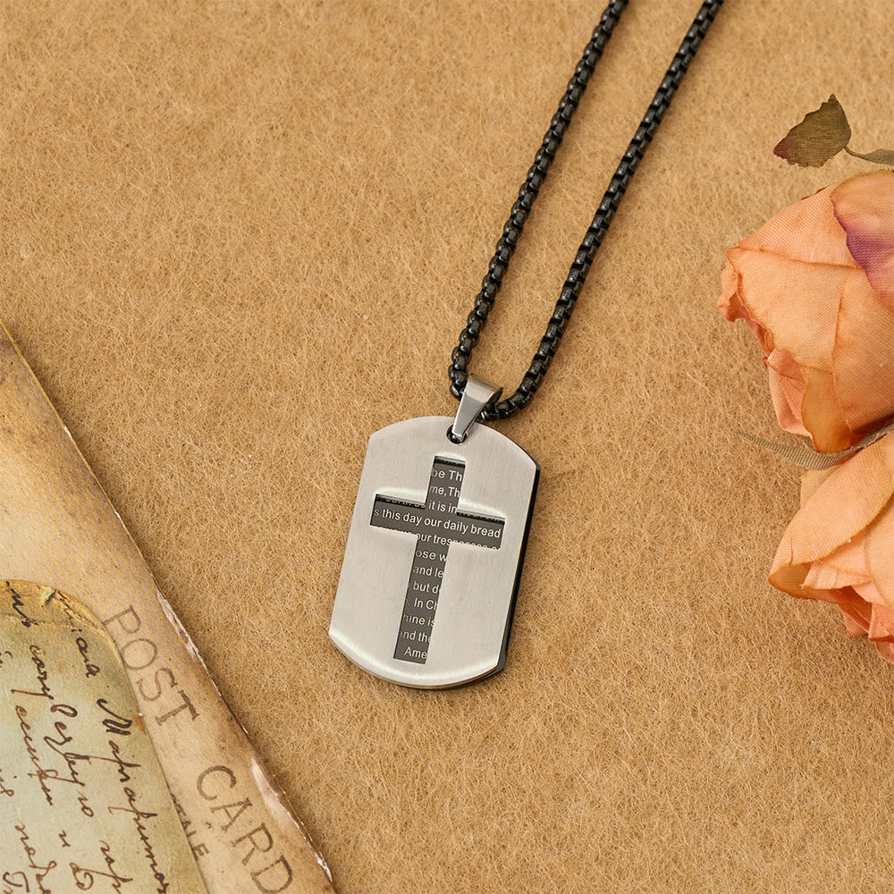 Collar con Dije Placa Militar de Cruz Padre Nuestro: Emblema de Gracia Divina y Fe