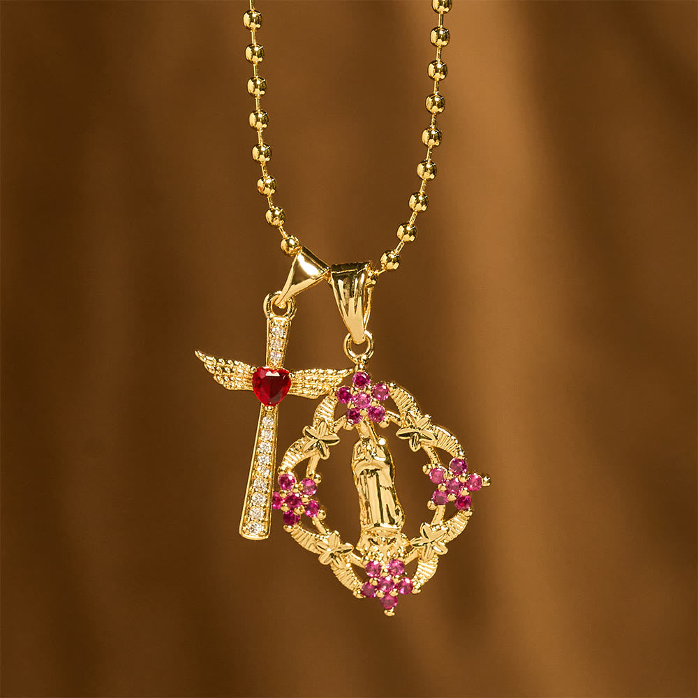 Set de Collares de Fe con la Virgen Ornamentada y Cruz Alada: Emblema de Protección Espiritual