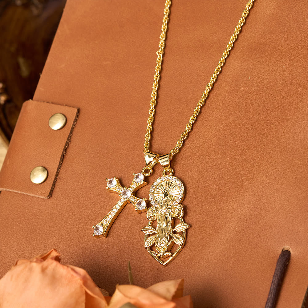 Set de Collares de Fe con la Virgen Ornamentada y Cruz Alada: Emblema de Protección Espiritual