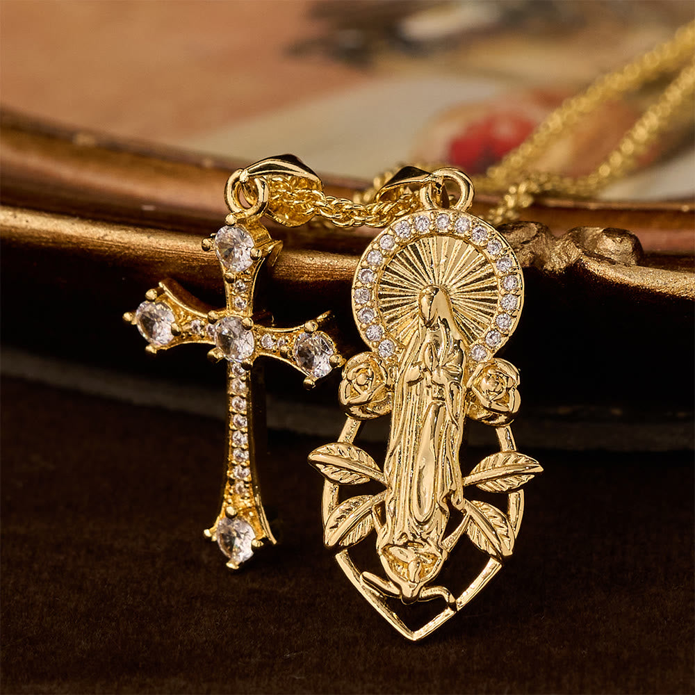 Set de Collares de Fe con la Virgen Ornamentada y Cruz Alada: Emblema de Protección Espiritual