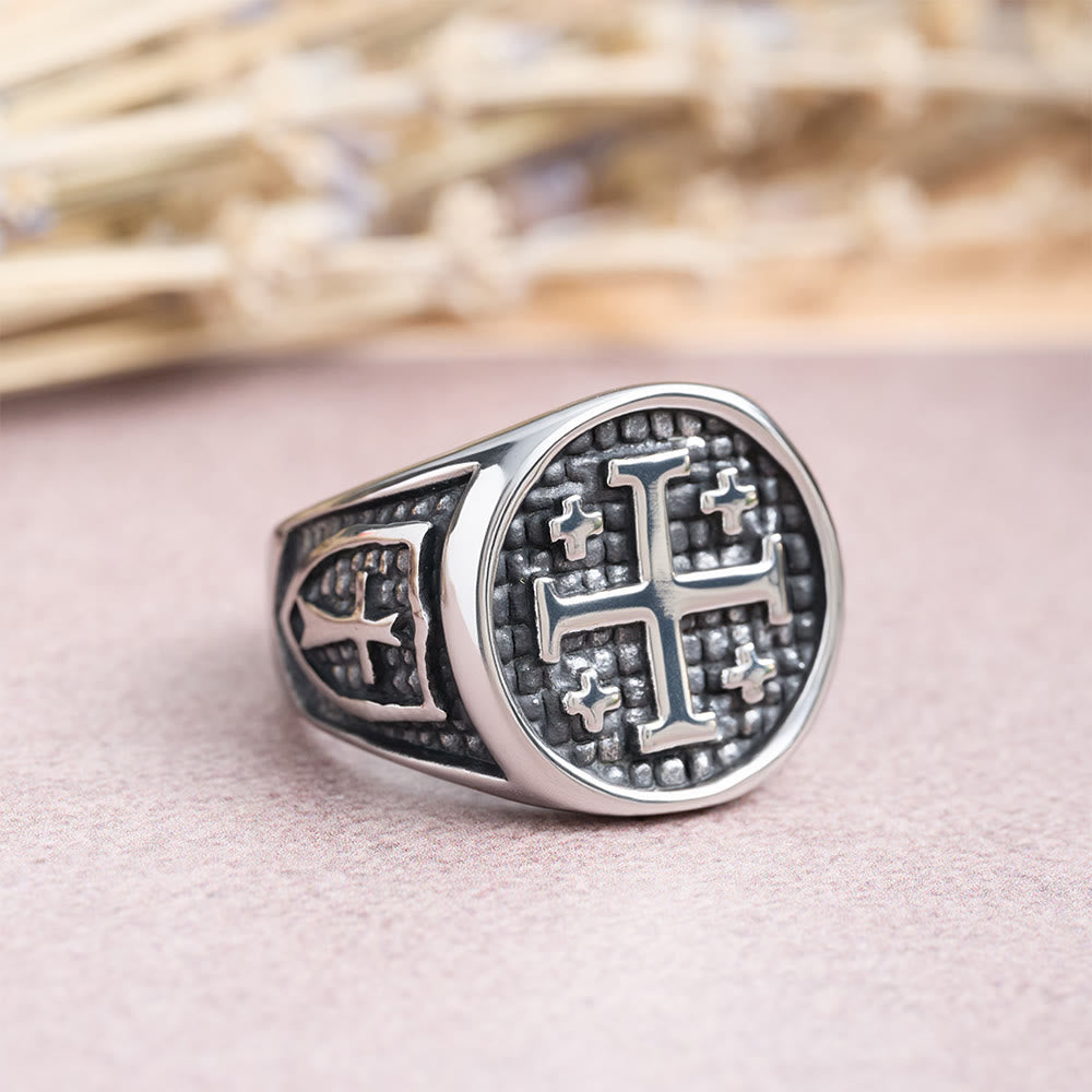 Anillo Sello Cruz de Jerusalén Redondo y Cuadrado: Emblema de la Unidad de la Fe