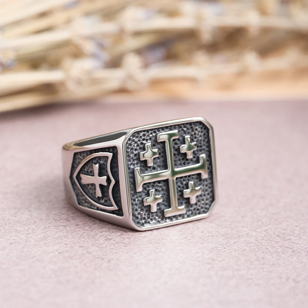 Anillo Sello Cruz de Jerusalén Redondo y Cuadrado: Emblema de la Unidad de la Fe