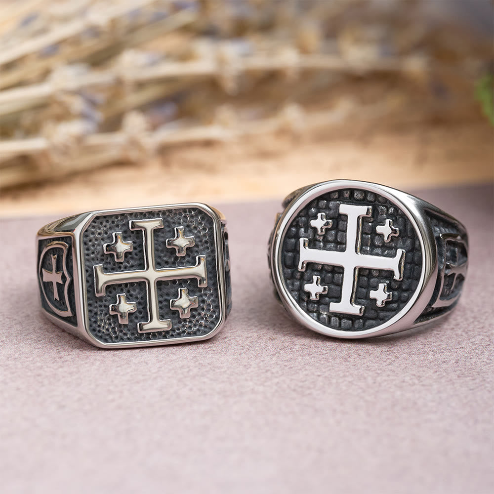 Anillo Sello Cruz de Jerusalén Redondo y Cuadrado: Emblema de la Unidad de la Fe