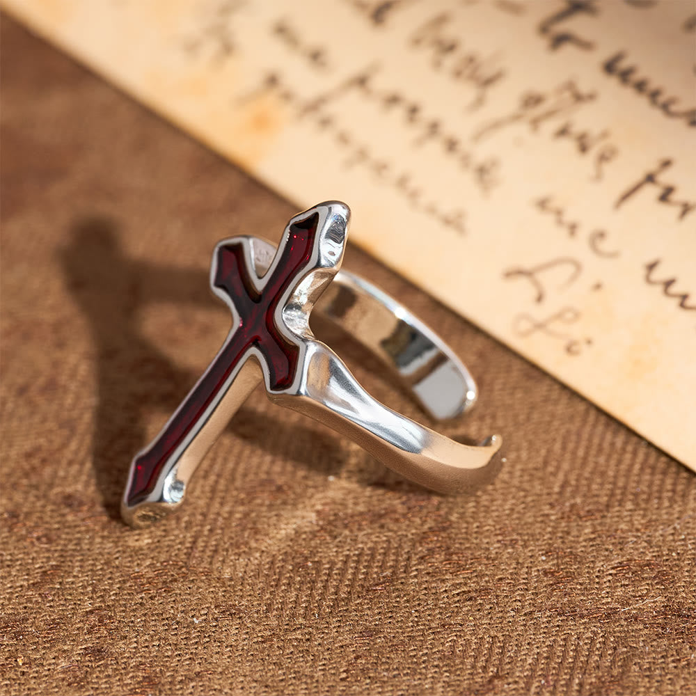 Anillo Abierto de Cruz de Esmalte en Cuatro Colores: Emblema de la Luz de la Fe