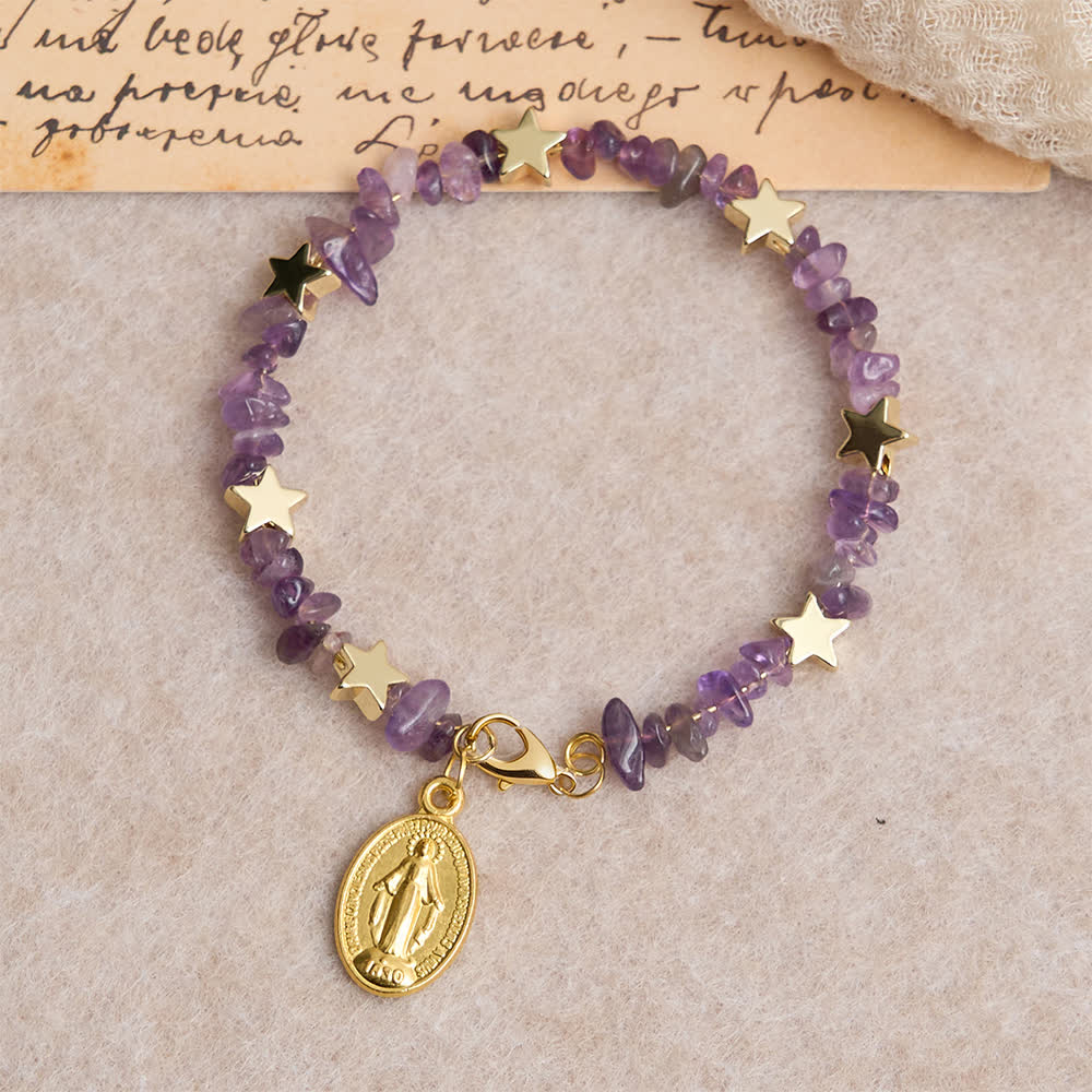 Pulsera Rosario de Alambre con Memoria de Amatista Natural con Medalla de la Virgen