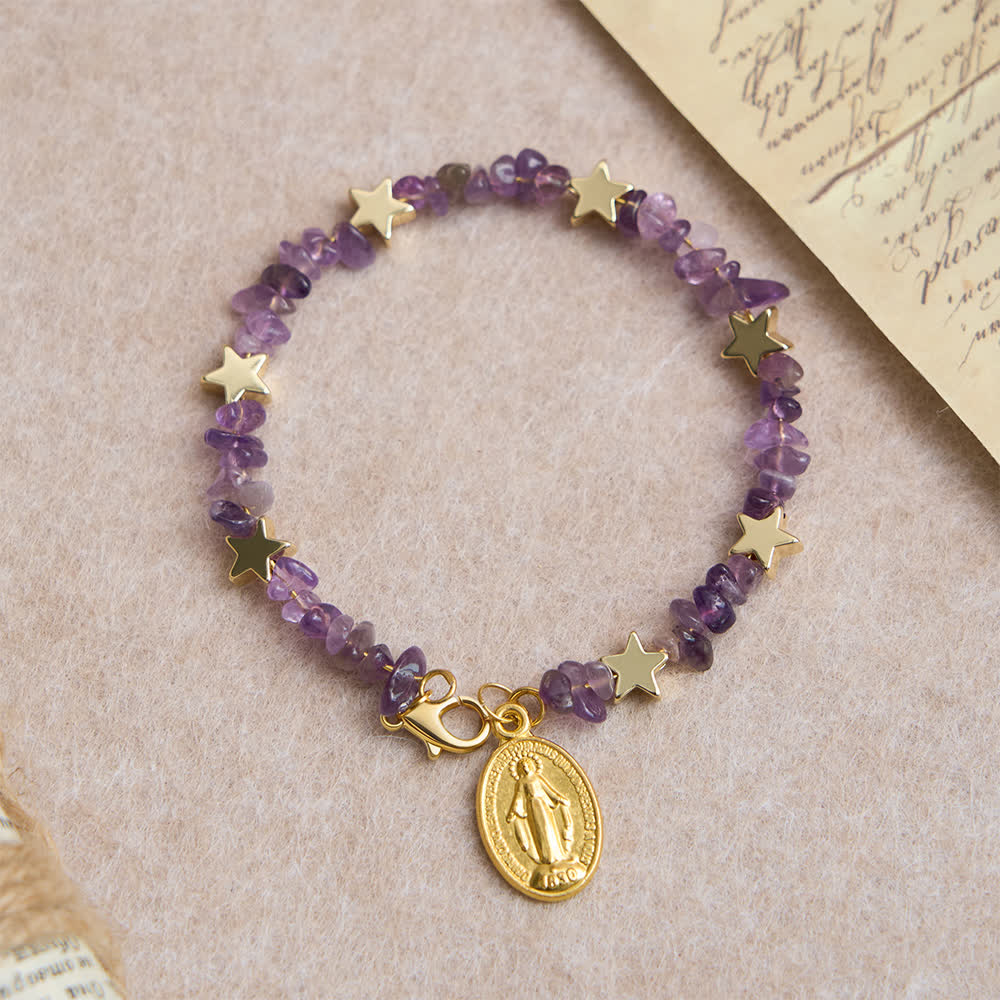 Pulsera Rosario de Alambre con Memoria de Amatista Natural con Medalla de la Virgen
