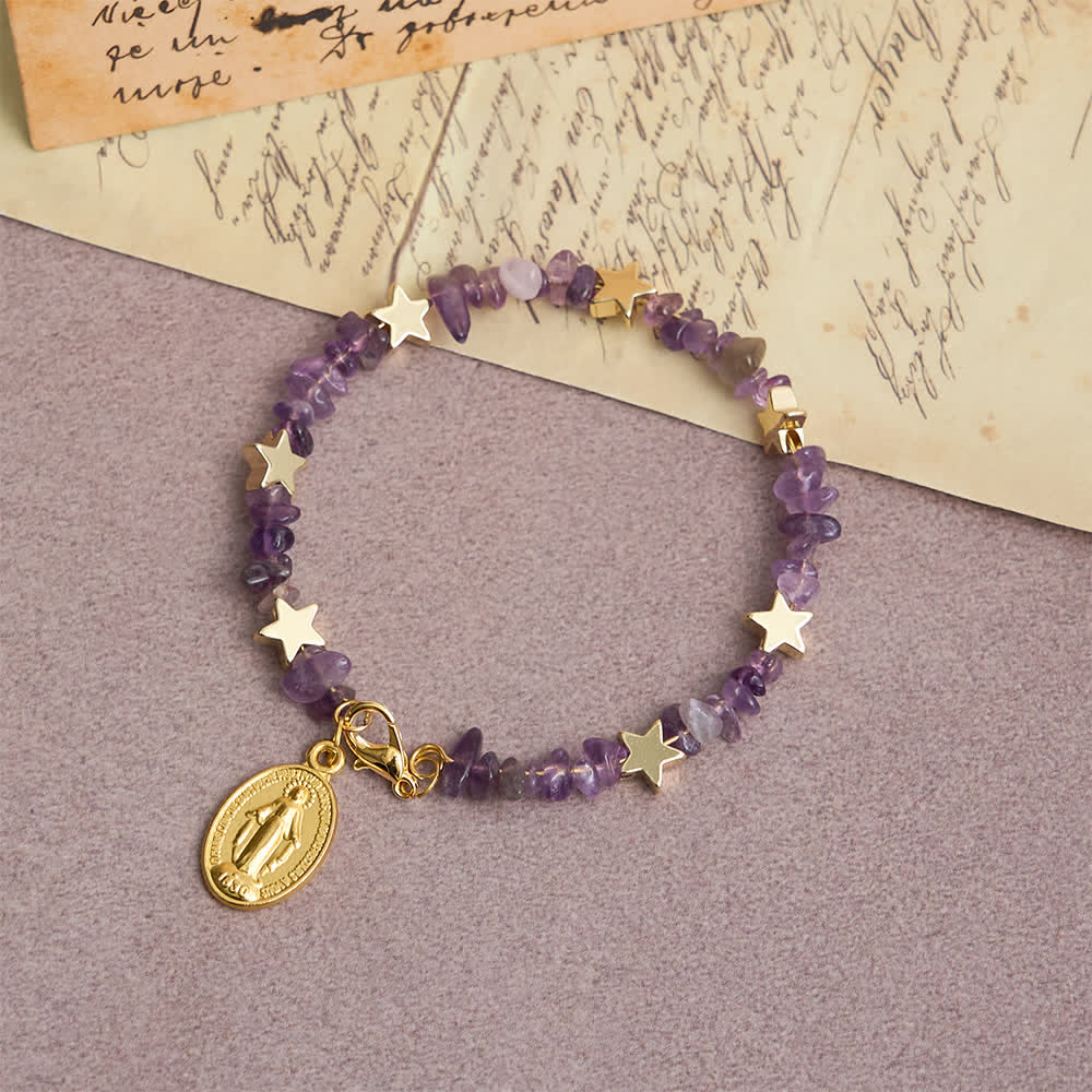 Pulsera Rosario de Alambre con Memoria de Amatista Natural con Medalla de la Virgen
