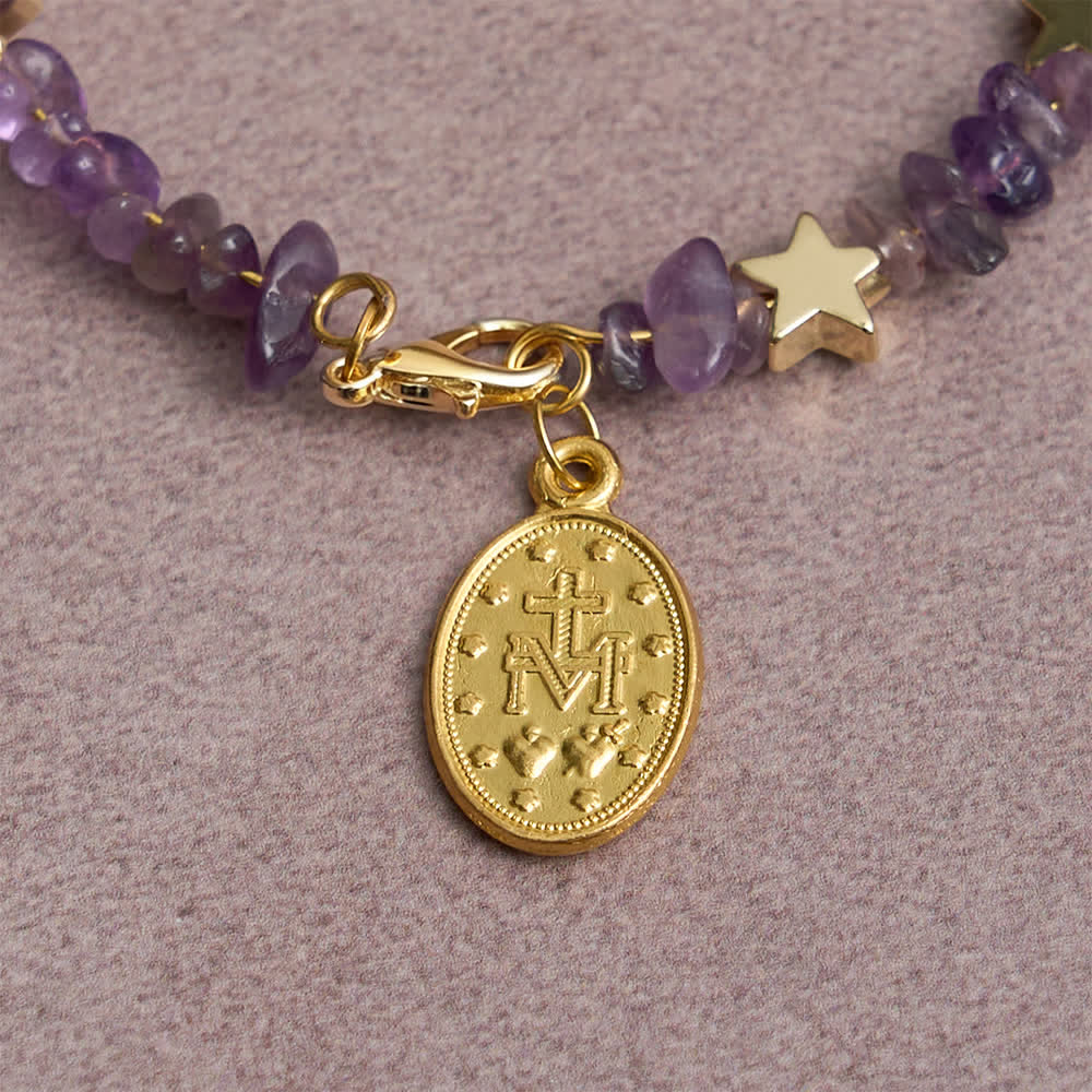 Pulsera Rosario de Alambre con Memoria de Amatista Natural con Medalla de la Virgen