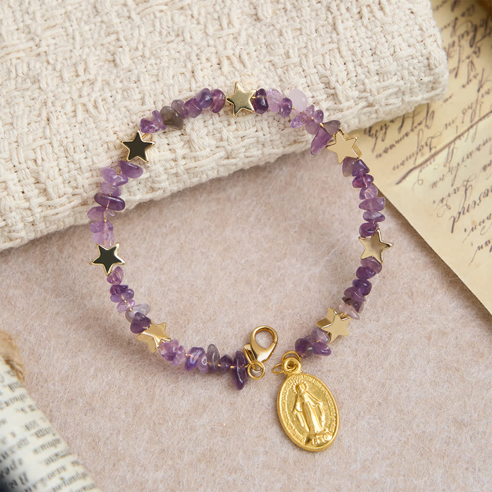 Pulsera Rosario de Alambre con Memoria de Amatista Natural con Medalla de la Virgen