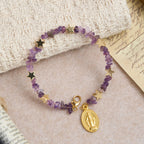 Pulsera Rosario de Alambre con Memoria de Amatista Natural con Medalla de la Virgen