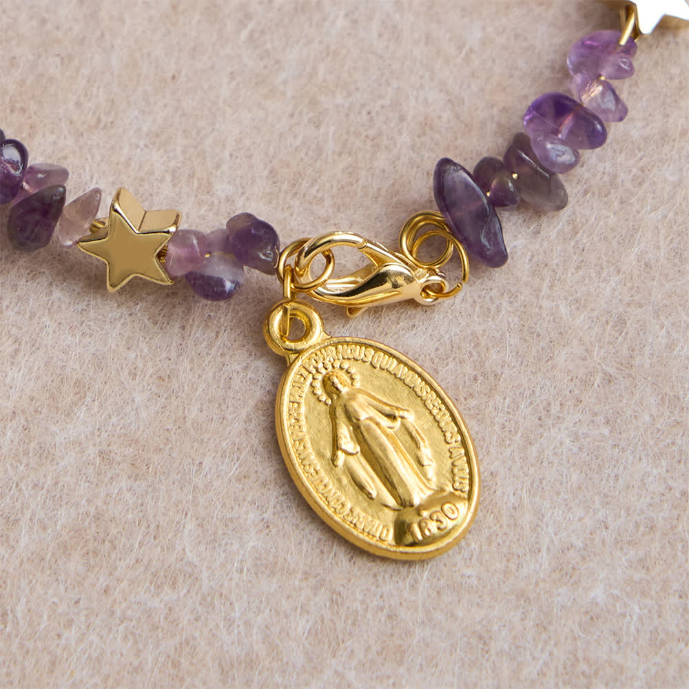 Pulsera Rosario de Alambre con Memoria de Amatista Natural con Medalla de la Virgen