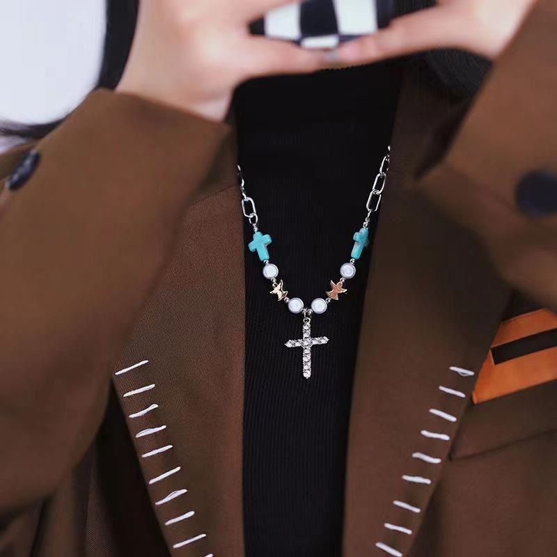 Pulsera/Collar de Titanio con Cruz de Turquesa y Circonia Hecha a Mano