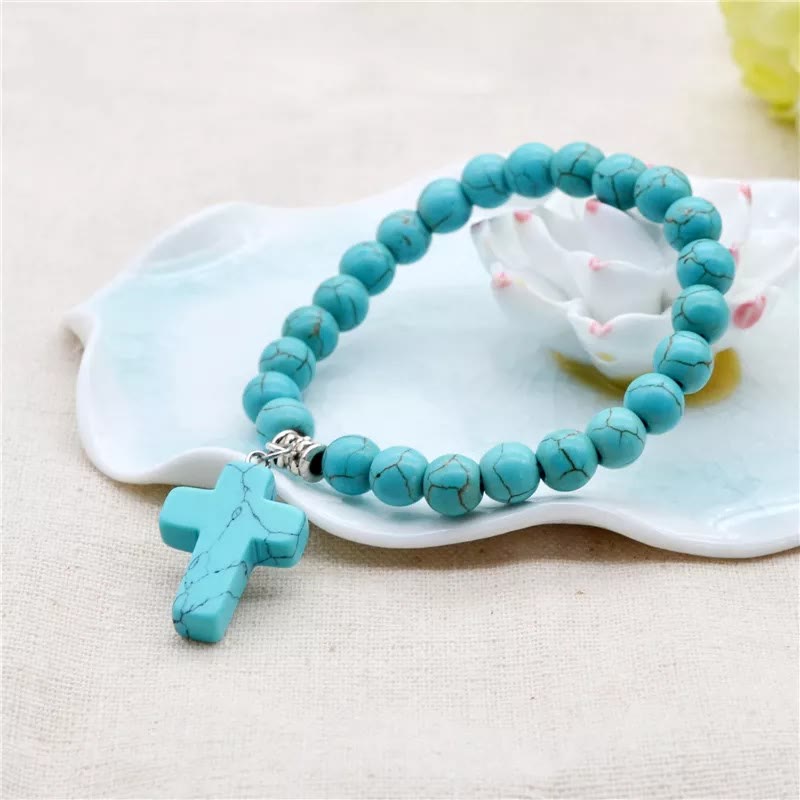Pulsera Crucifijo de Cuentas de Turquesa Mate