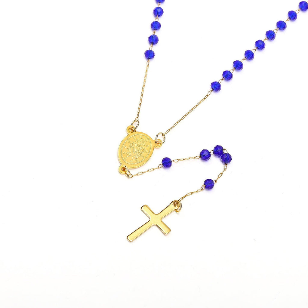Collar de Cuentas de Cristal con Medalla de la Virgen María y Dije de Cruz