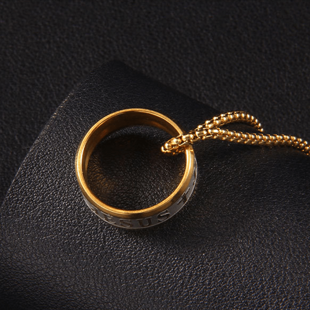 Anillo y Collar de Cadena con Grabado Láser "JESÚS" Estilo Combinado