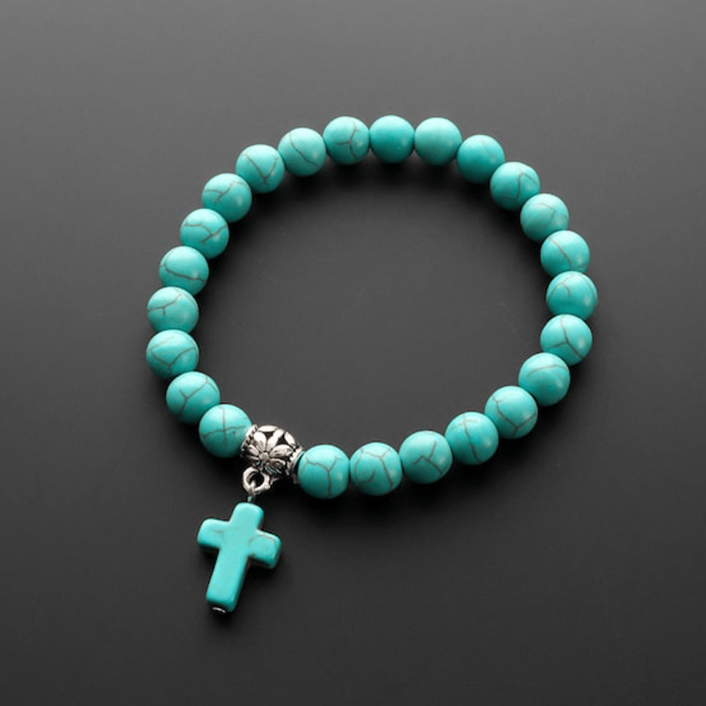 Pulsera Crucifijo de Cuentas de Turquesa Mate