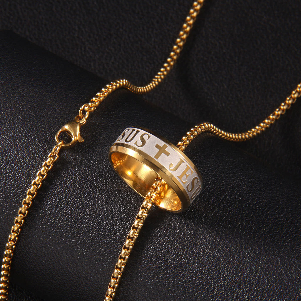 Anillo y Collar de Cadena con Grabado Láser "JESÚS" Estilo Combinado