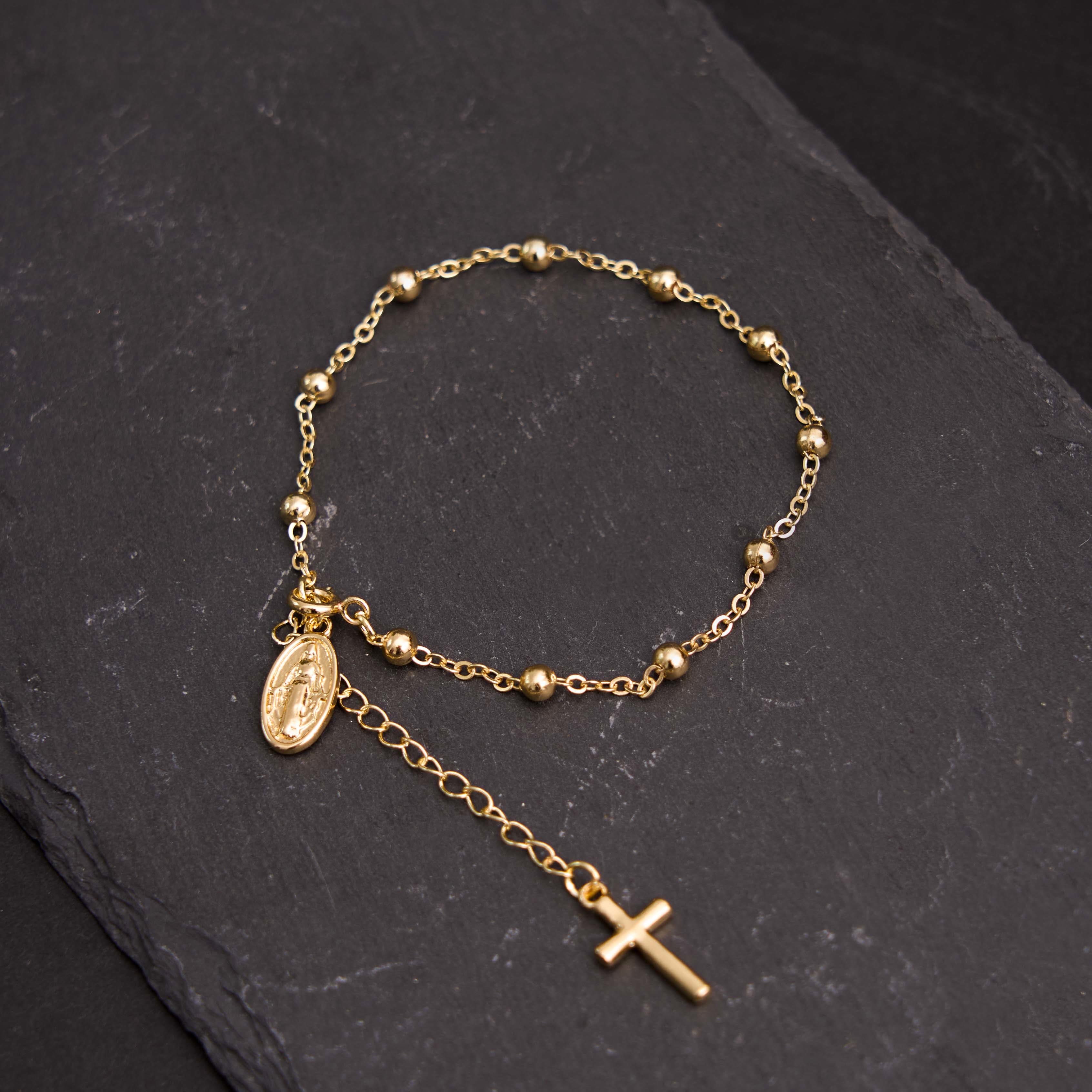 Pulsera Casual Ajustable con Medalla de la Virgen María y Cruz