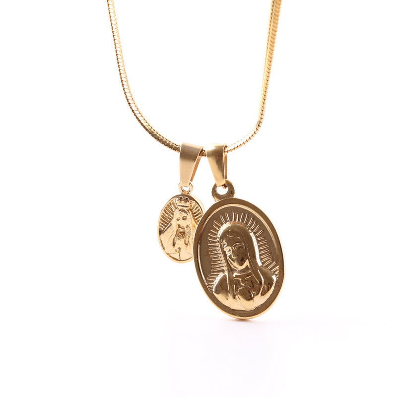 Collar de Oro con Doble Dije Redondo de la Virgen