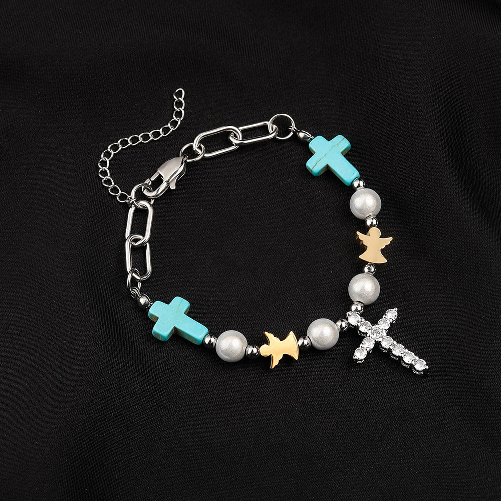 Pulsera/Collar de Titanio con Cruz de Turquesa y Circonia Hecha a Mano