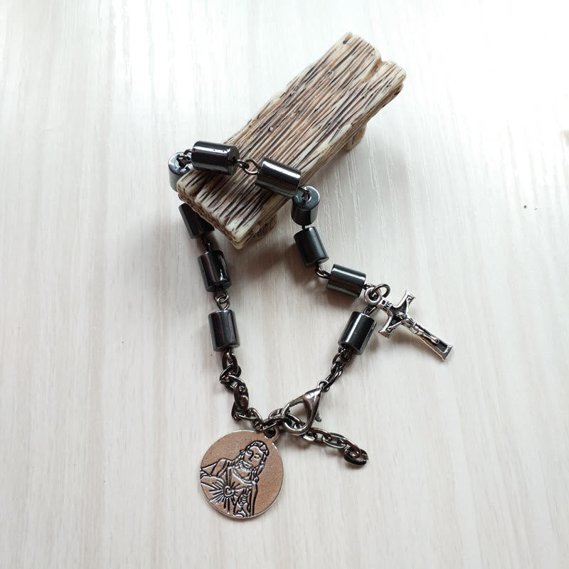 Pulsera Sencilla de Hematita con Sagrado Corazón de Jesús y Crucifijo