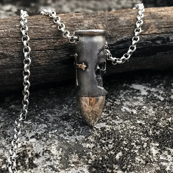 Collar con Dije de Bala con Calavera y Huesos Cruzados