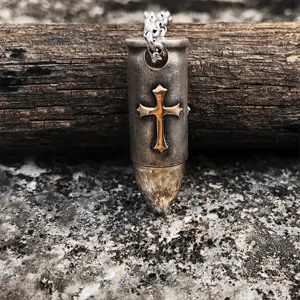 Collar con Dije de Bala con Calavera y Huesos Cruzados