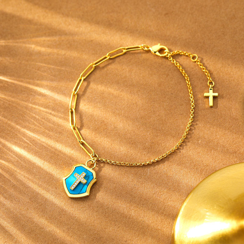 Pulsera de Bendición Escudo de Cruz de Turquesa con Circonias