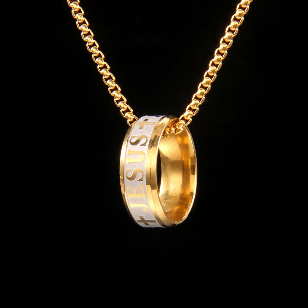 Anillo y Collar de Cadena con Grabado Láser "JESÚS" Estilo Combinado