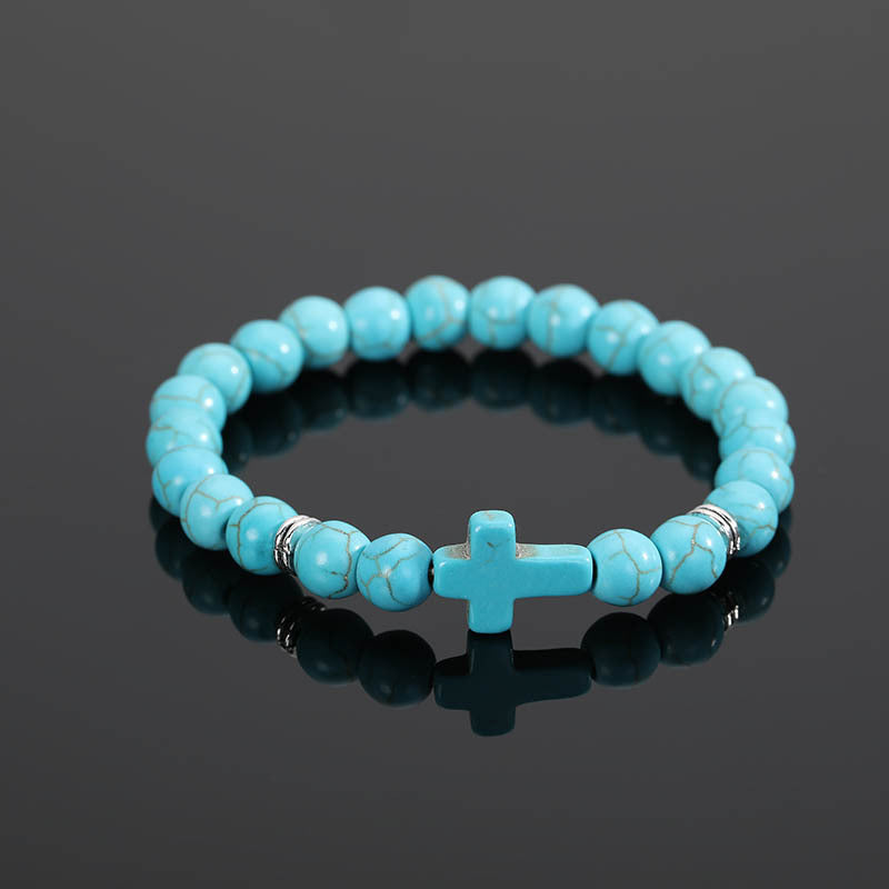 Pulsera de Cordón con Cuentas Redondas de Turquesa y Cruz