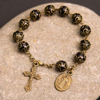 Pulsera Rosario Retro Negra con Medalla de San Benito y Crucifijo