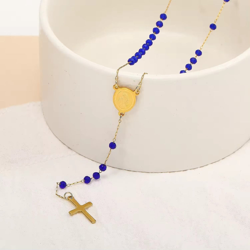 Collar de Cuentas de Cristal con Medalla de la Virgen María y Dije de Cruz