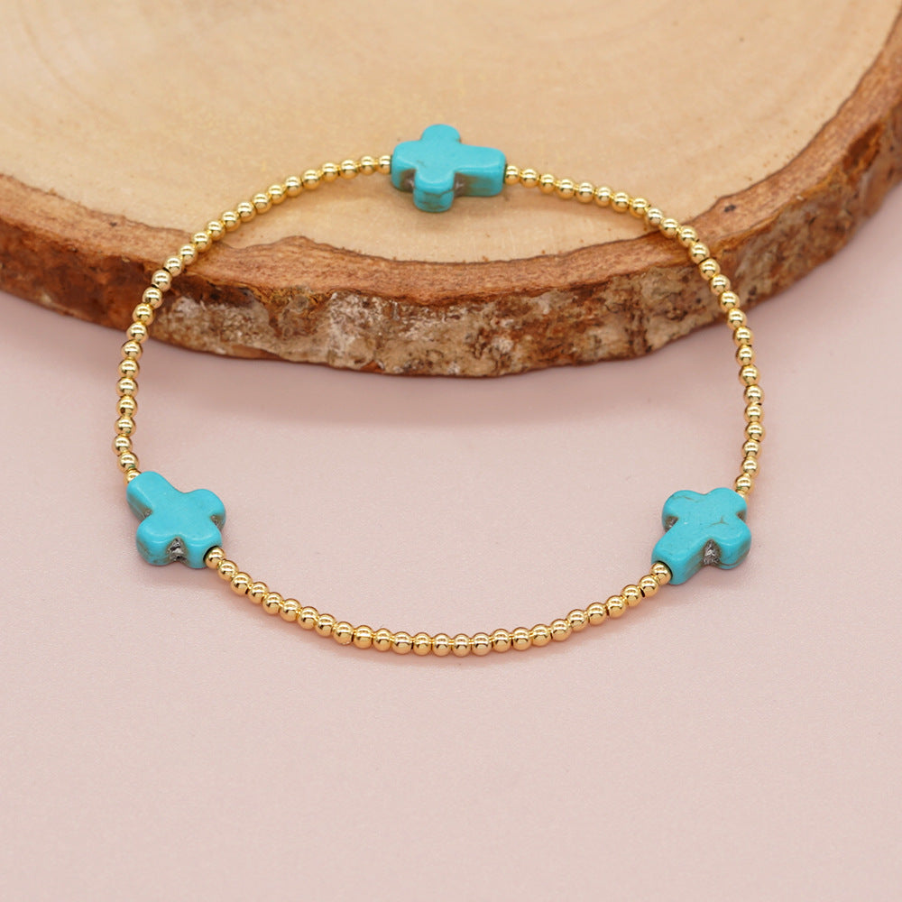 Pulsera de Cuentas de Turquesa con Cruz de Diseño Original