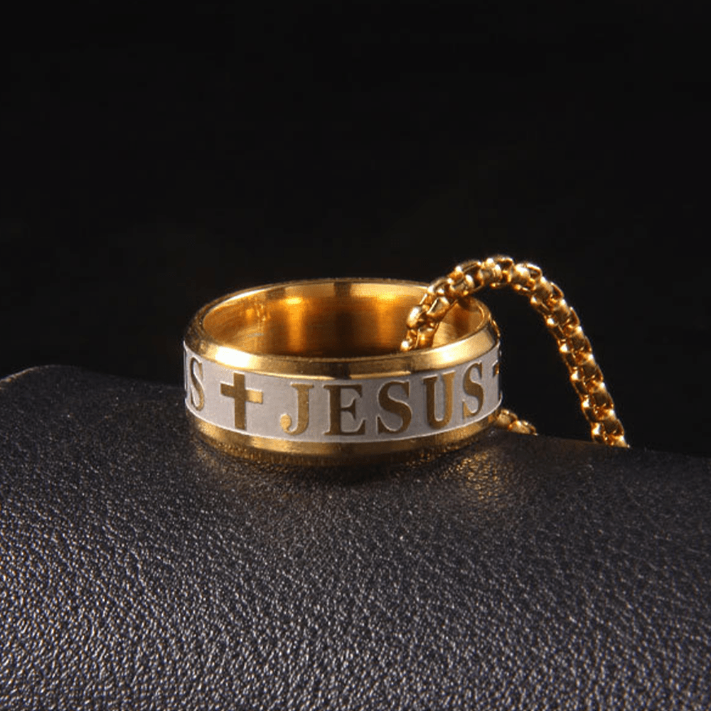 Anillo y Collar de Cadena con Grabado Láser "JESÚS" Estilo Combinado