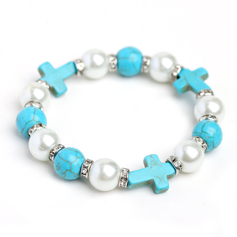 Pulsera de Energía Sanadora de Cruz con Perla y Turquesa