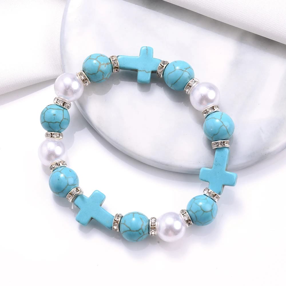 Pulsera de Energía Sanadora de Cruz con Perla y Turquesa