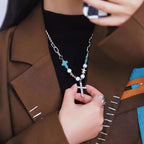Pulsera/Collar de Titanio con Cruz de Turquesa y Circonia Hecha a Mano