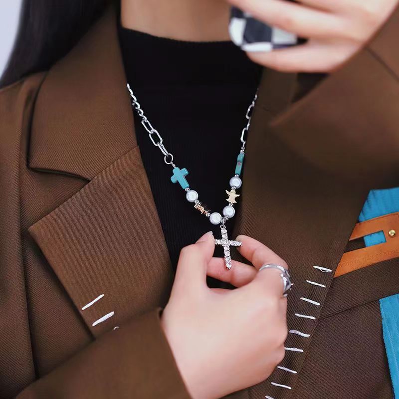 Pulsera/Collar de Titanio con Cruz de Turquesa y Circonia Hecha a Mano