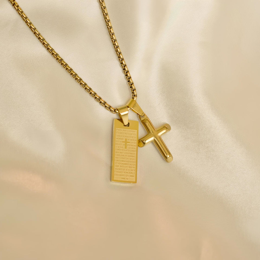 Collar Dorado con Medalla de Cruz y Escritura de Oración Bíblica Estilo Clásico