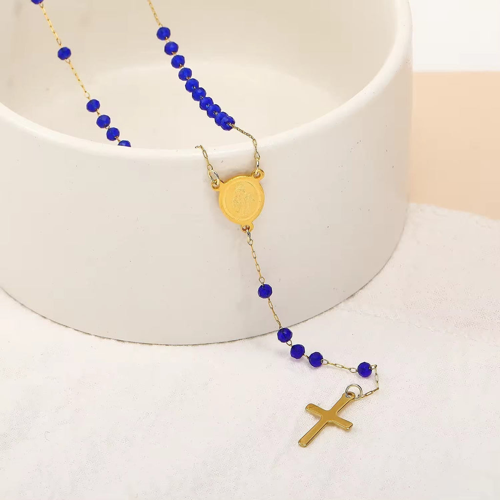 Collar de Cuentas de Cristal con Medalla de la Virgen María y Dije de Cruz
