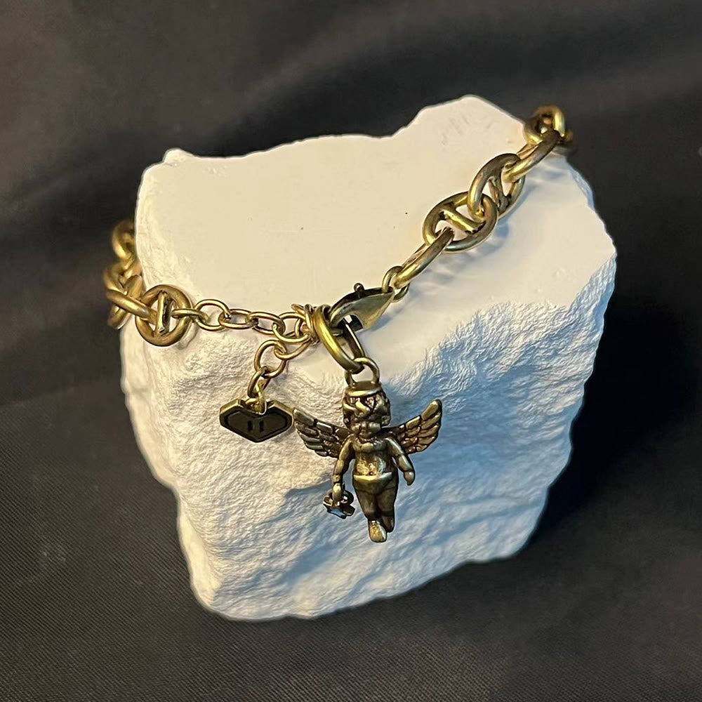Pulsera de Bronce con Estrella de la Suerte, Ángel y Cruz de Corazón Estilo Retro