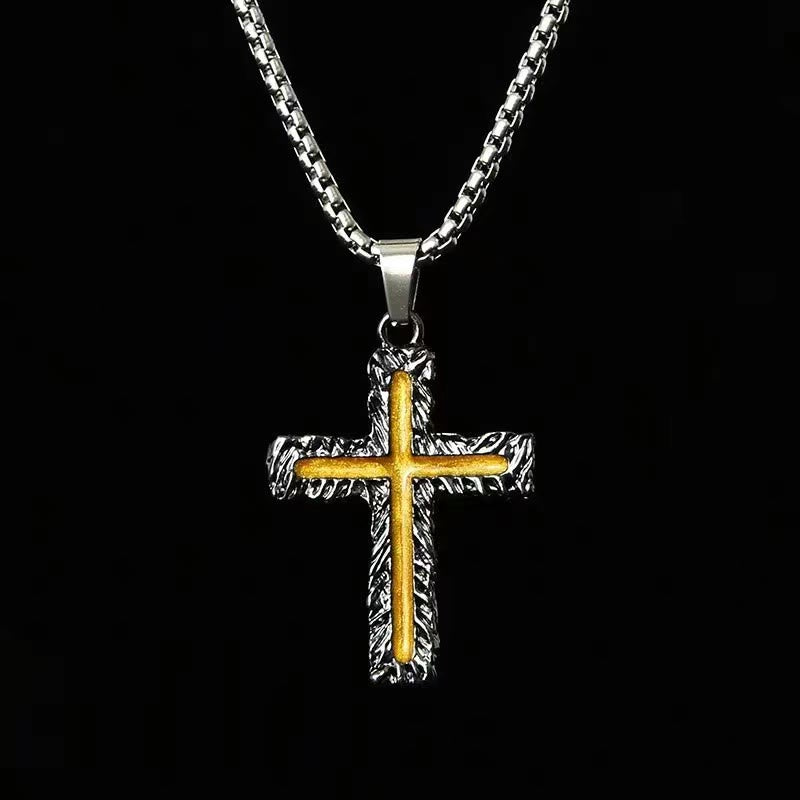 Collar con Dije de Cruz de Lava Plata-Dorado Estilo Minimalista