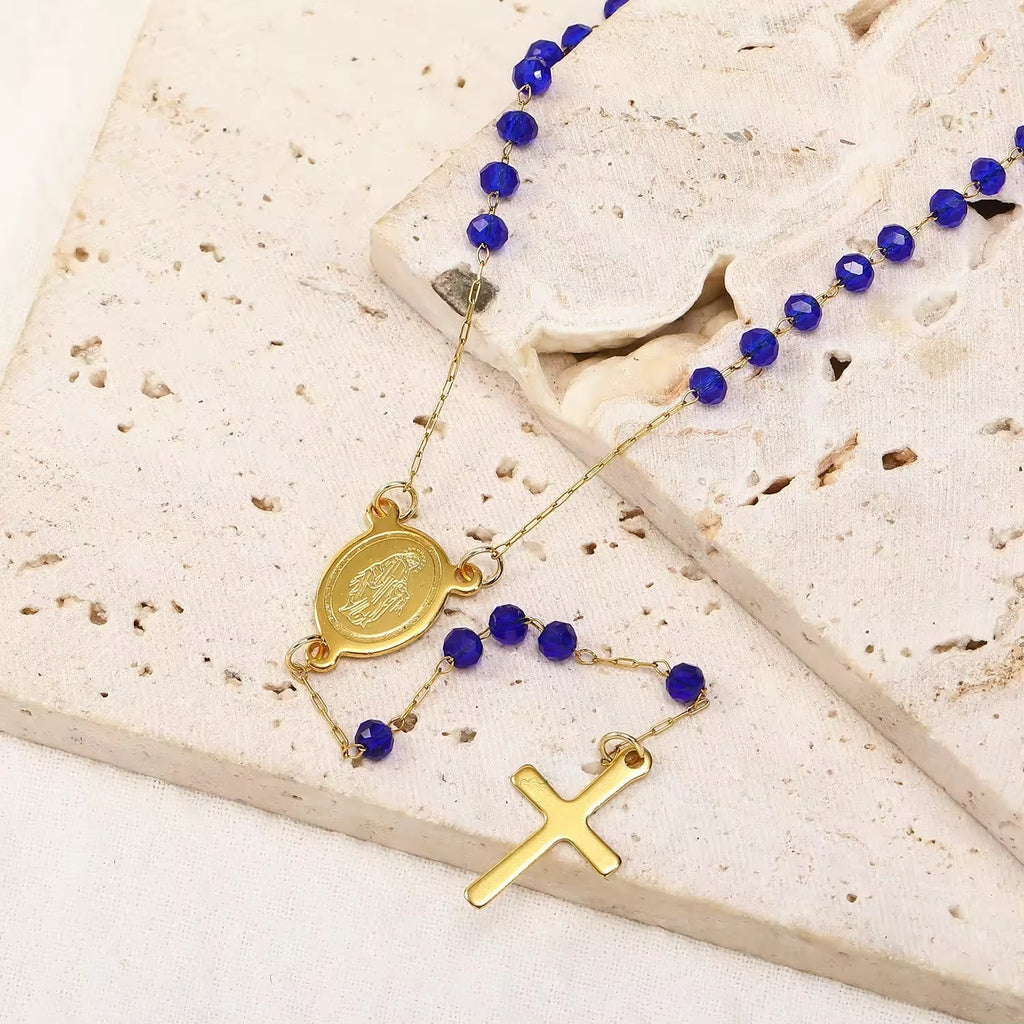 Collar de Cuentas de Cristal con Medalla de la Virgen María y Dije de Cruz
