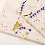 Collar de Cuentas de Cristal con Medalla de la Virgen María y Dije de Cruz