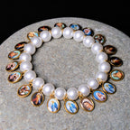 Pulsera de Perlas con Medallas de Jesús y María y Cruz Estilo Retro