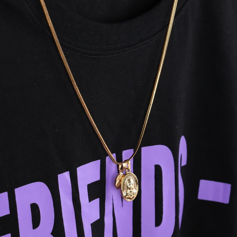 Collar de Oro con Doble Dije Redondo de la Virgen