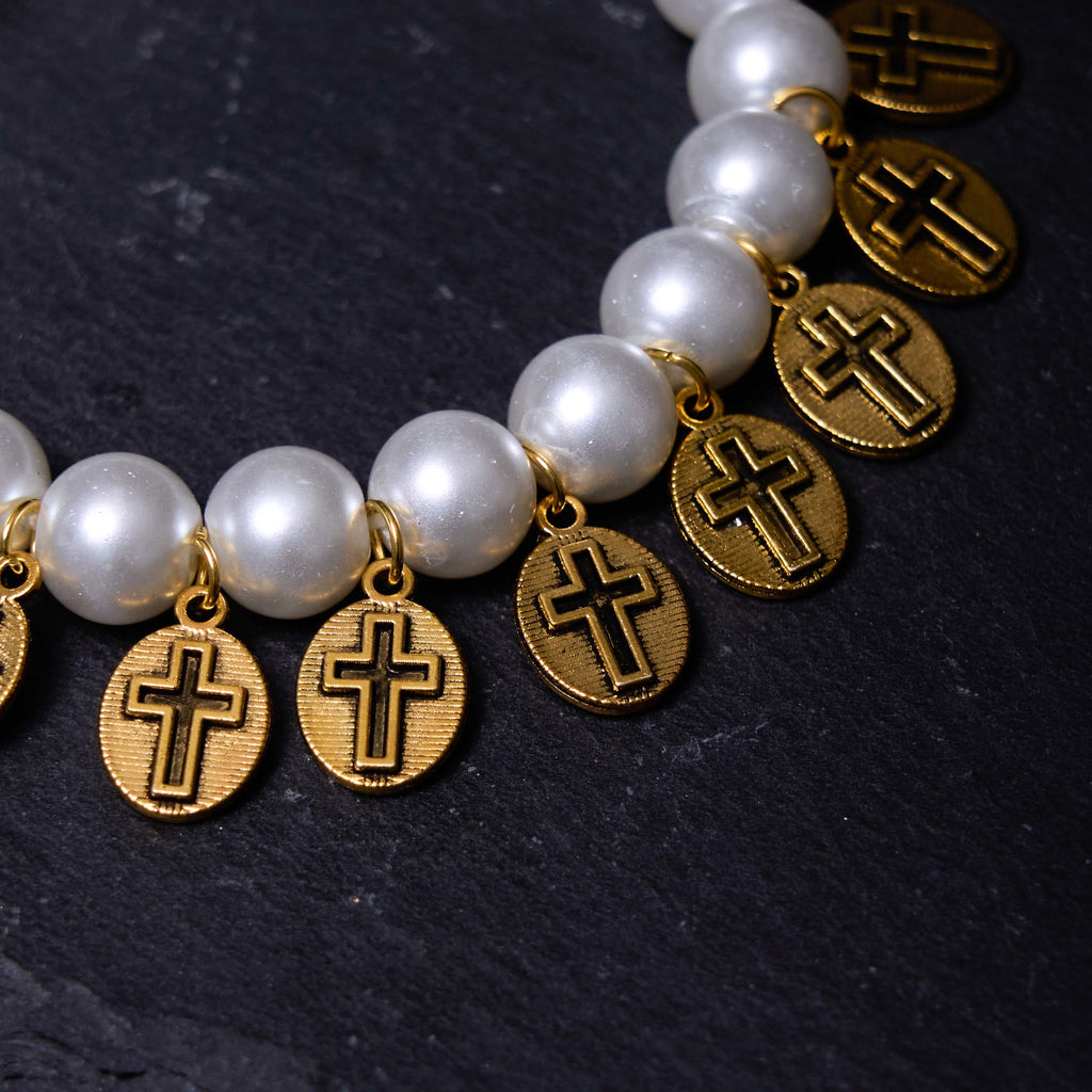 Pulsera de Perlas con Medallas de Jesús y María y Cruz Estilo Retro